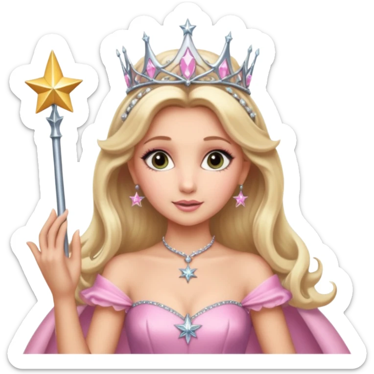 glinda the good witch from wicked movie (ariana grande) blonde hair, beautiful, big silver thin tiara, star wand, pink gown sticker