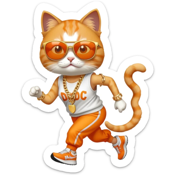 female cat wearing Run DMC hip-hop outfit, gold chains, dark sunglasses, jogging sticker