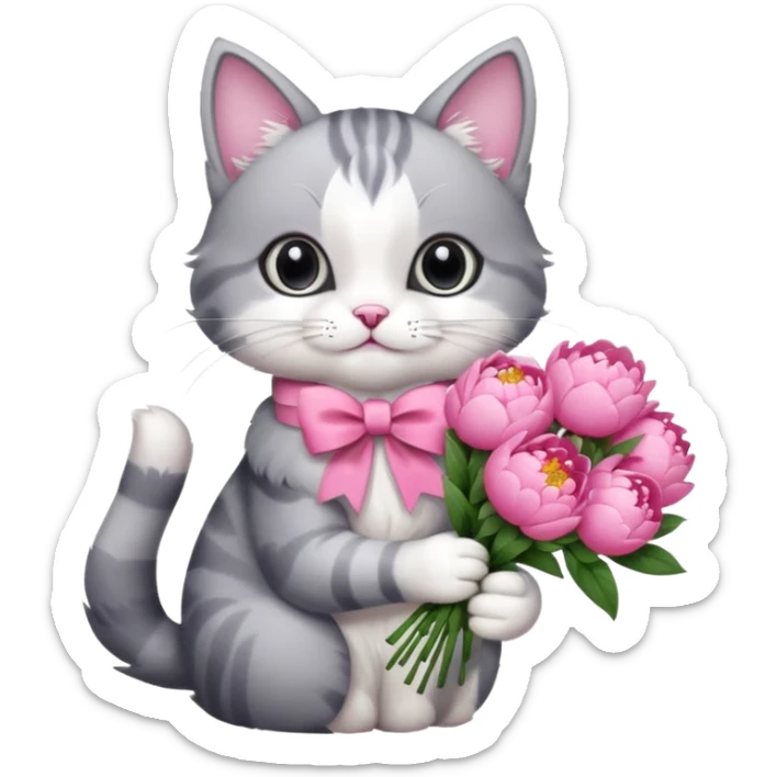 Cute cat Handing pink peonies like reaching a hand and handing them out a bouquet of them not a physical hand the cats hand  make the cat fluffy and grey and white fluffier make the cat wear a pink coquette make her wear a pink coquette sticker