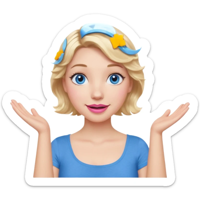 Girl Blonde short wavy hair,  blue eyes, cute blue top, long lashes, pink lips, smiling, shrugging hands raised sticker