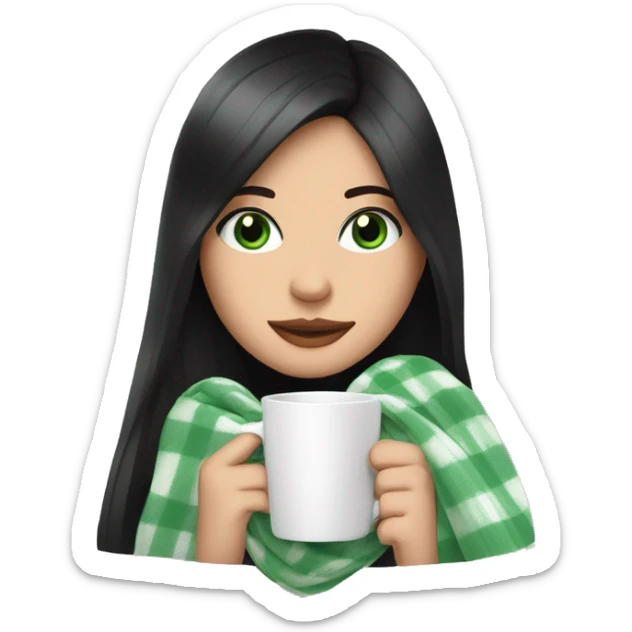 A pretty white woman with long black hair and green eyes wrapped in pastel pink plaid blanket drinking coffee sticker