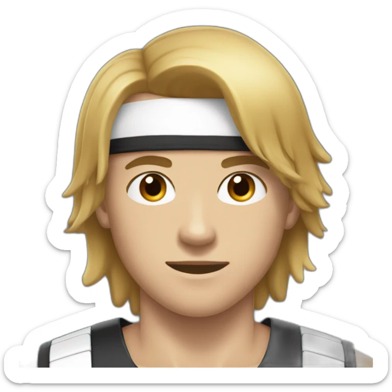 a 17-year-old boy with long, dark hair cut in a bob", with a black sports bandage on his forehead. Light mustache on his face  sticker