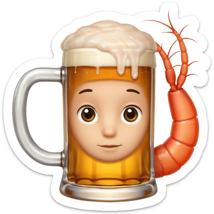 Genérame un camarón con su tarro en mano de cerveza moderna, asomándose por un costado con cara de curiosidad  sticker