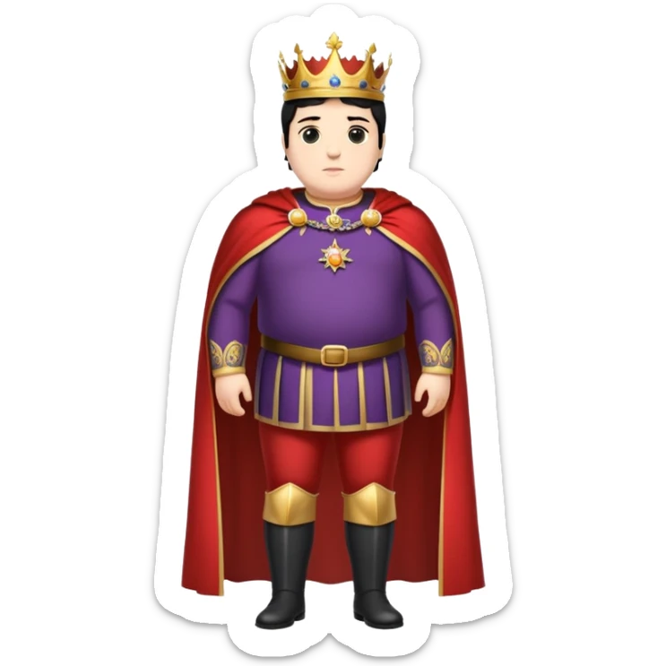 Full body of tall, chubby Francisco I with black hair, royal king standing in royal attire with crown and cape, elongated figure sticker
