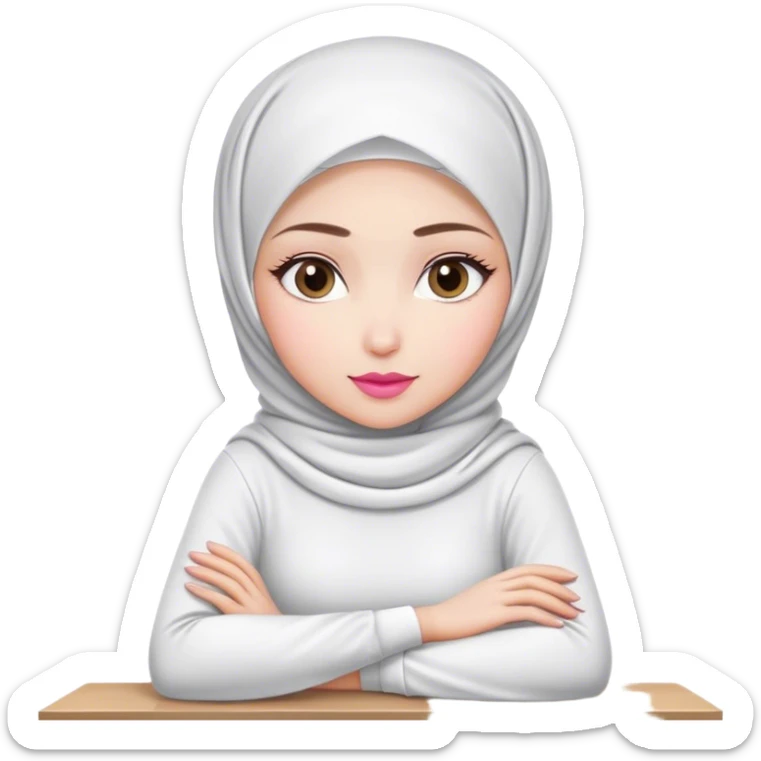 white hijab women are listening with her hands folded on the table. Her outfit is white. Her lips color is pink. sticker
