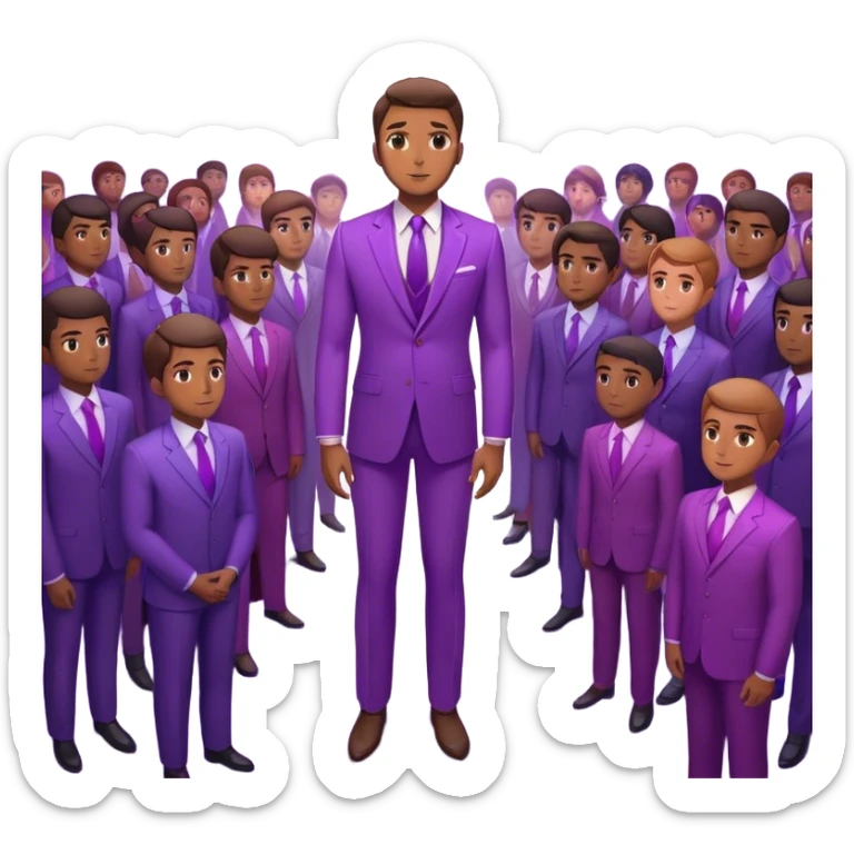 A charismatic person standing confidently in the center of a room, radiating a violet warm bright aura glow, he is calm with a lot of people around sticker