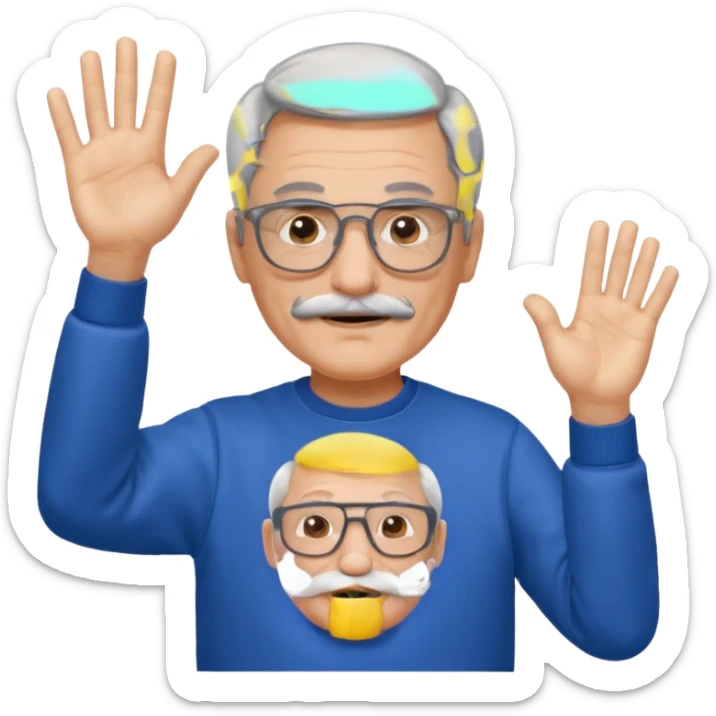 60 yr man partial gray hair parted in center, mustache, light glasses, sweatshirt waving hello sticker