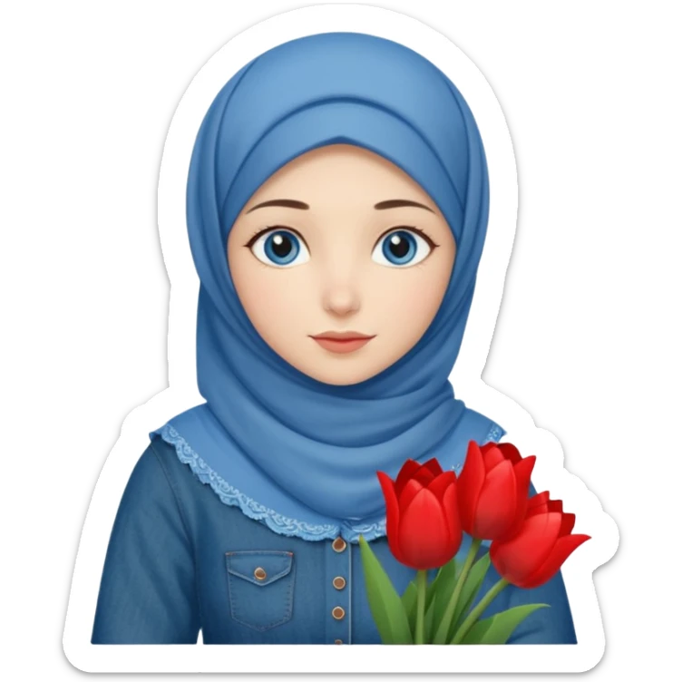 Turkish beautiful finish Konya girl blue eyes with denim hijab islamic dress and had on her hand red tulips  sticker