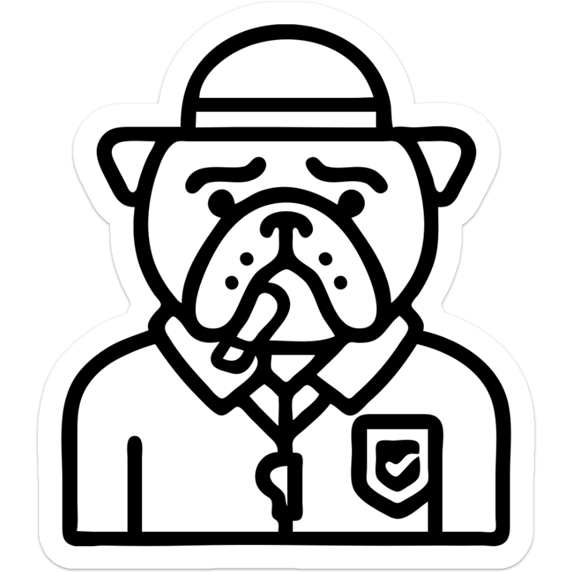 English bulldog dressed as a tour guide, icon style, with a whistle and a badge sticker