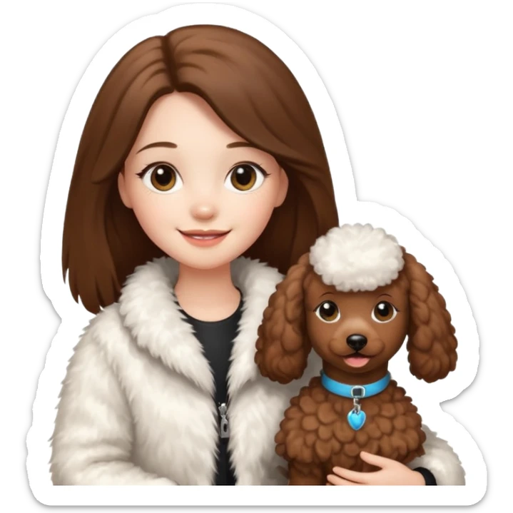 A white smiling girl with a long brown straight(middle part) hair and wearing a fur white jacket holds a brown poodle sticker