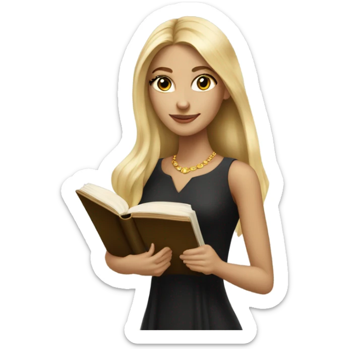 Beautiful skinny woman long blonde hair in dark dress with gold earrings with book  sticker