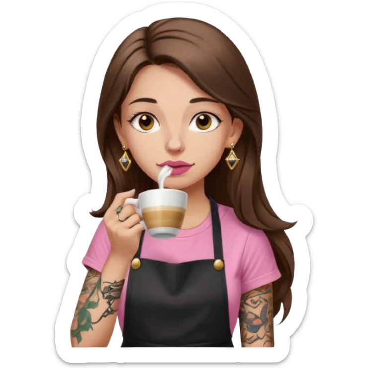 Fille cheveux long châtain, peau beige type européen, teeshirt rose avec un tablier noir, piercing au nez anneau doré, boucle d’oreille diamant doré. Elle boit un café. tatouage à la gorge  sticker