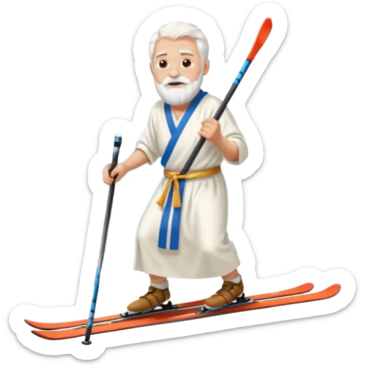 Old man white hair white beard wearing white toga robe on skis with mountains sticker