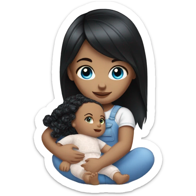 white Girl with black hair and blue eyes playing with baby doll sticker