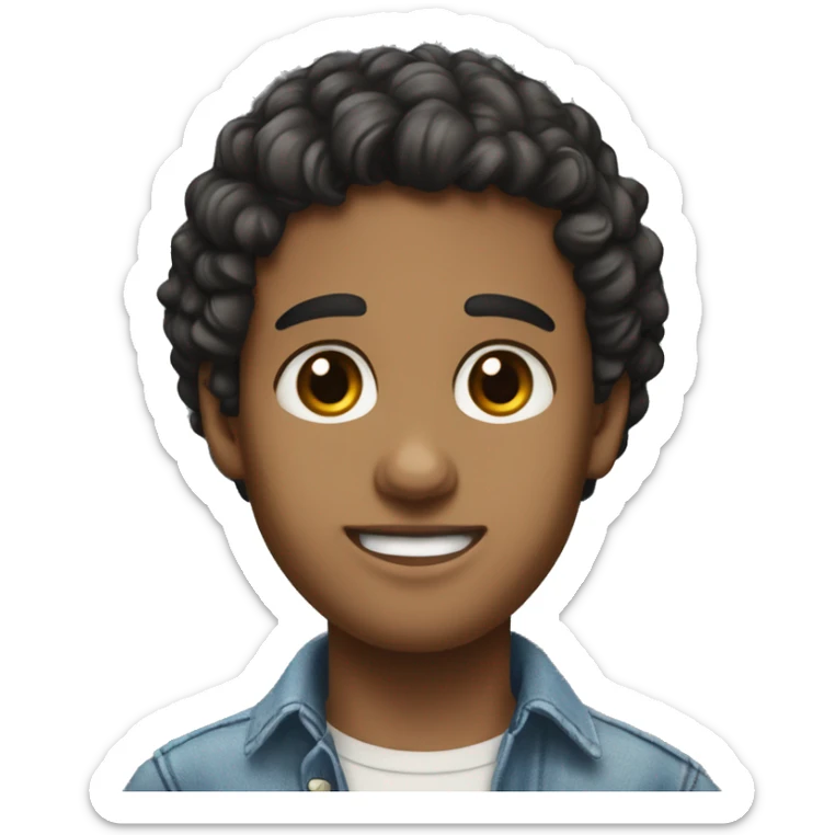 young white adult, with black curly hair and brown eyes, denim dress blouse, silver earring in his left ear, and a mole on his left cheek. sticker