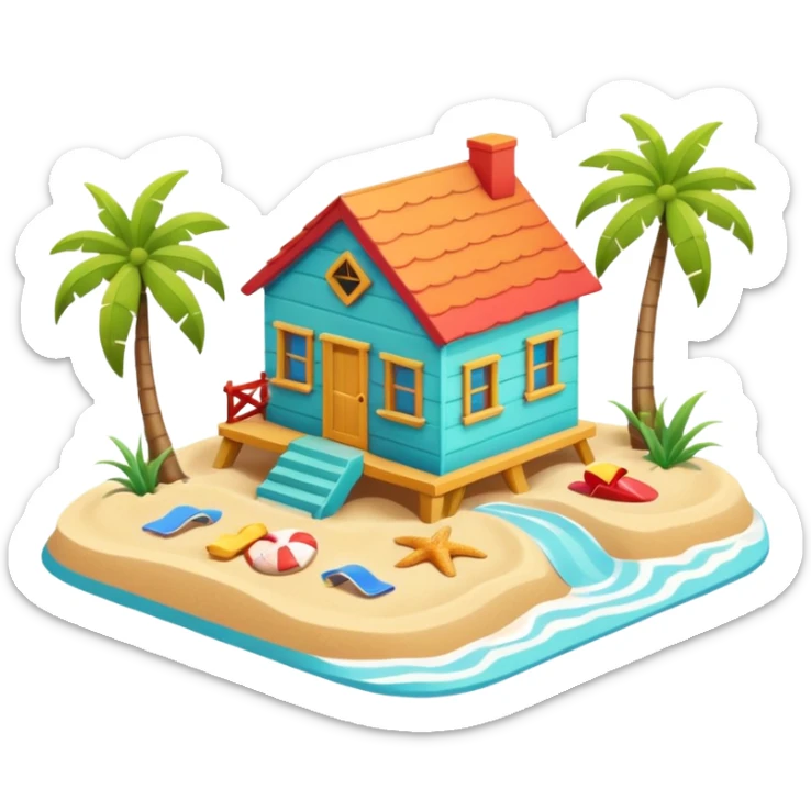 beach house near ocean, sandy ground, small waves, tropical vibe, colorful house, 3D cartoon, cute game icon, clean background, no text sticker