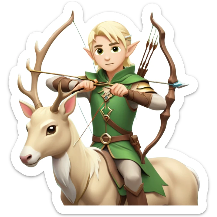 clash-of-clans-aesthetic-blond-male elf-archer-portrait-emoji, rendered in a flat, vector-style with minimal shading and bold holding his bow, simplified shapes, head tilted slightly forward with a determined, focused expression, riding a majestic white stag whose antlers glow with mystical energy, set against an ancient, enchanted forest backdrop. sticker