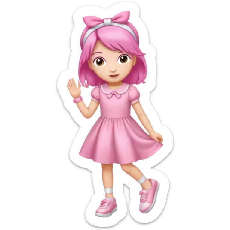 A girl wear a a pink pink dress and pink wacth and a pink hairband and a white shoes sticker