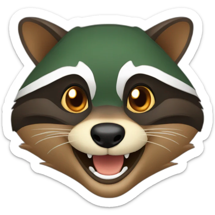 brown raccoon with orange eyes and a dark green hood that is laughing sticker