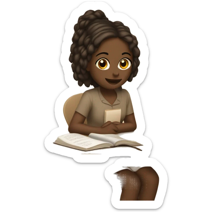 A girl at a table with a laptop. A a cup of coffee on the left side of the table. Books on the right side of the table. in beige tones sticker