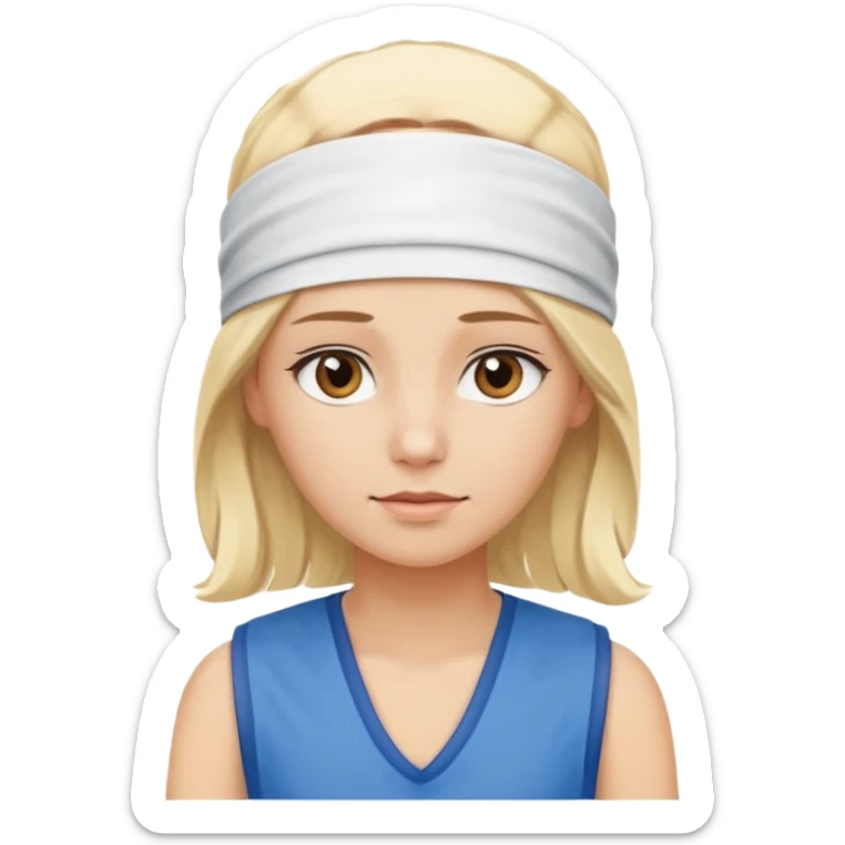 A 3D avatar of a blonde woman, who has brown eyes, is wearing a blue vest and a white headband on her head. She is looking straight at the camera. sticker