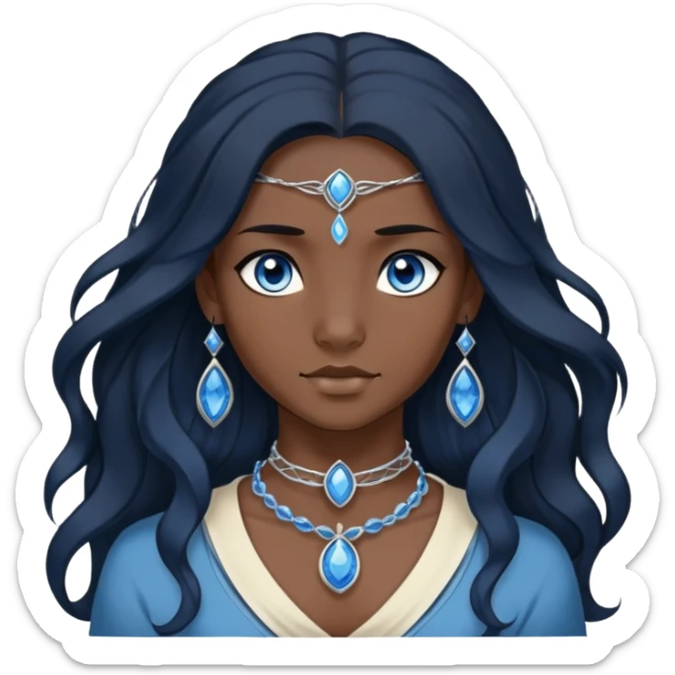 katara avatar native with blue eyes, dark skin, long wavy dark black hair, sapphire on choker necklace  sticker
