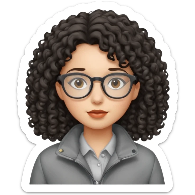 girl with dark curly hair, glasses and a gray jacket sticker