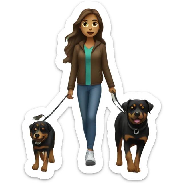A woman with long brown hair and light Skin takes a Rottweiler for a walk  sticker