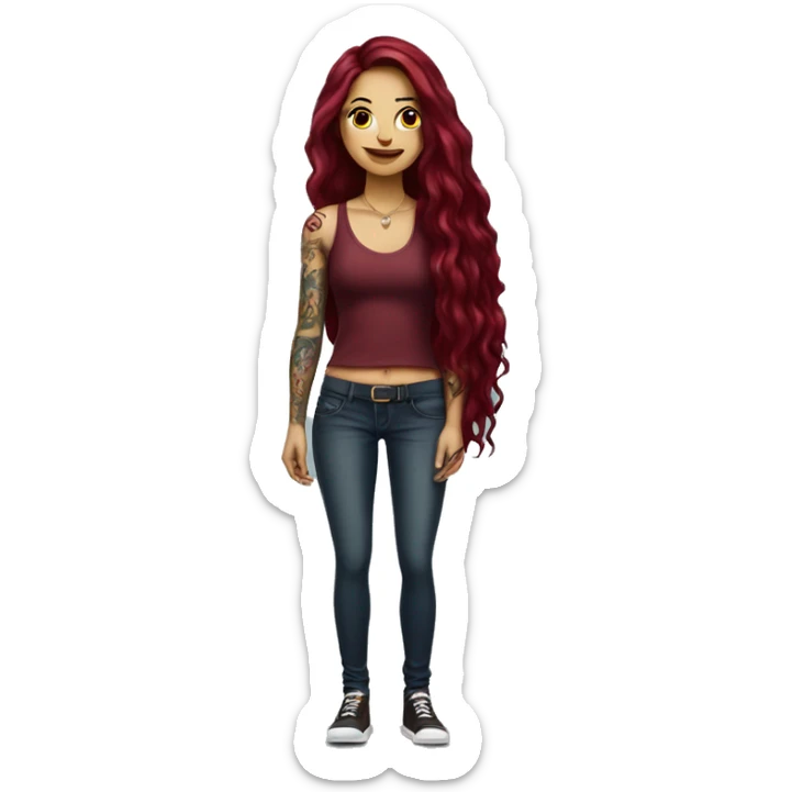 Beautiful tattooed burgundy long haired woman standing next to a car sticker