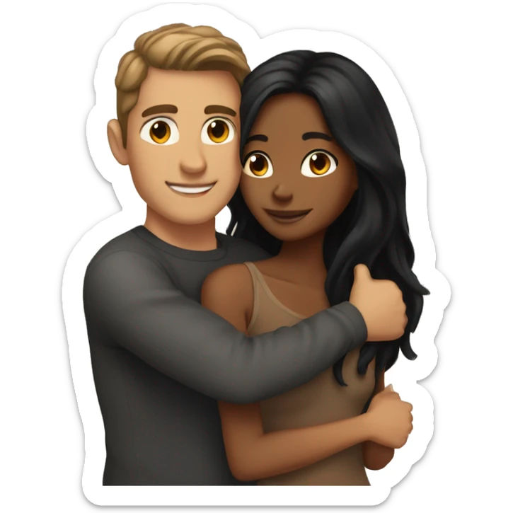 tan skin, Black long hair girl hugging with a fair skin man with brown hair on top sticker