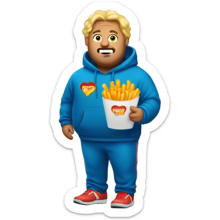 fat blonde man in dirty blue sweatsuit with chili cheese fries in his mouth sticker