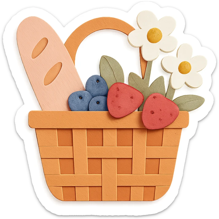 a picnic basket with berries, bread, and flowers, warm pastel shades, paper craft style sticker