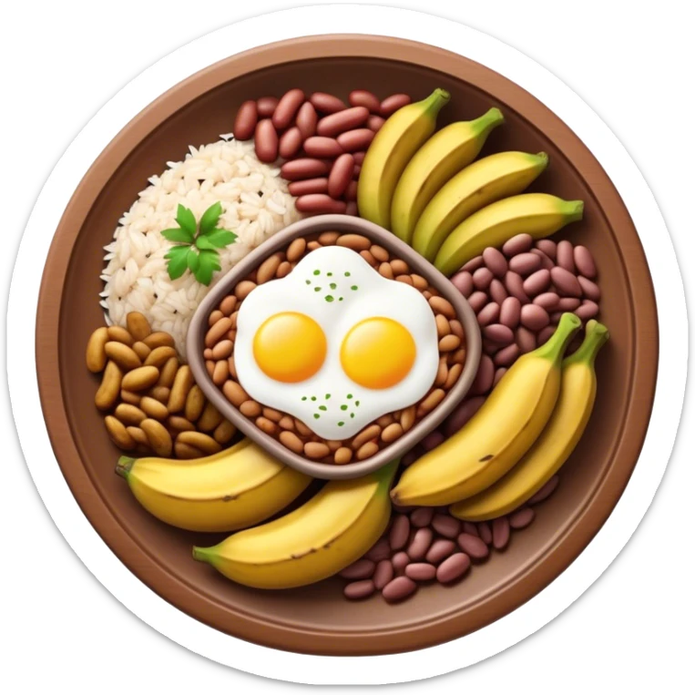 Cinematic Realistic Bandeja Paisa Dish Emoji, depicted as a hearty platter featuring beans, rice, meat, and plantains rendered with detailed textures and vibrant, robust lighting. sticker