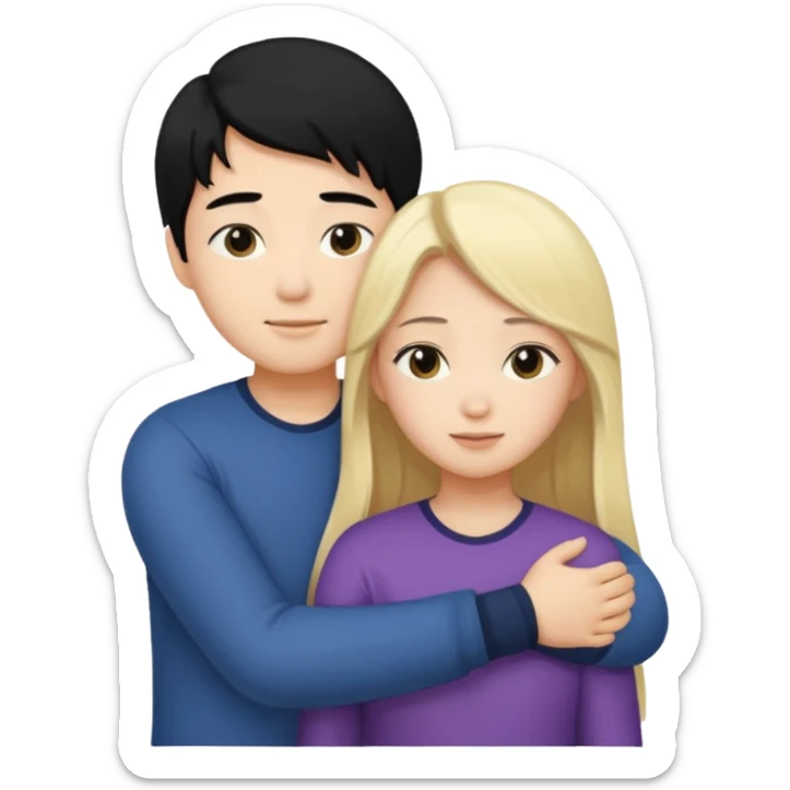asian boy with black hair and blonde long hair girl hugging sticker