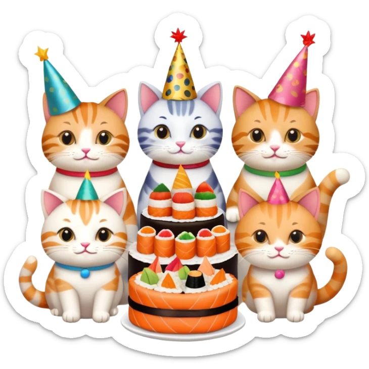 six cats celebrating one cat's birthday party, all cats holding pieces of sushi, birthday cake, party hats, and decorations sticker