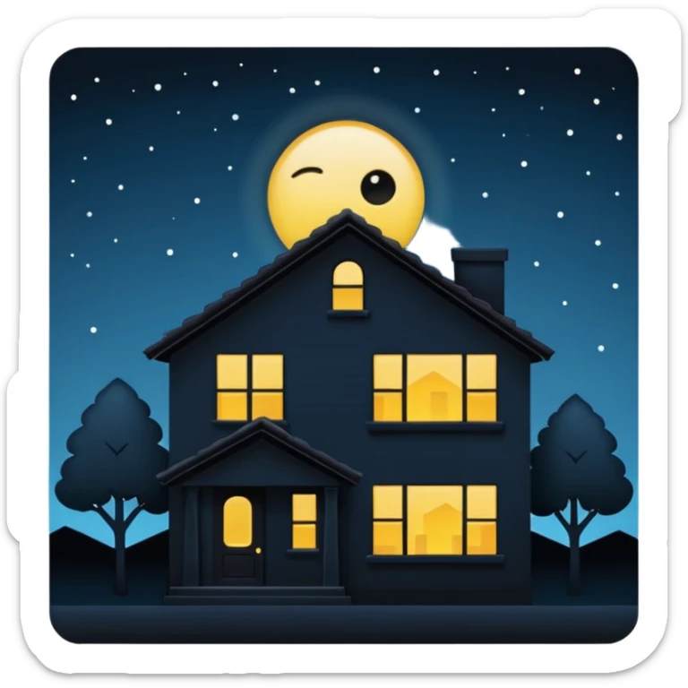 Minimalist emoji-style sticker of a house silhouette at night with a single lit window, and an eye visible inside. Flat, dark, quiet style.
 sticker