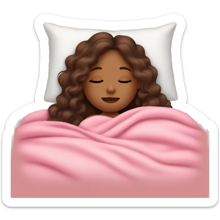 Brown girl with long  curly hair resting in bed with eyes closed pink blankets head on arm sticker