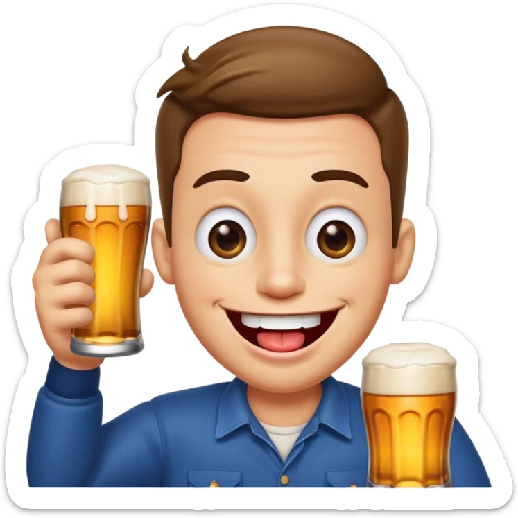 cartoon man with a big smile, crossed eyes, tongue out, holding beer sticker