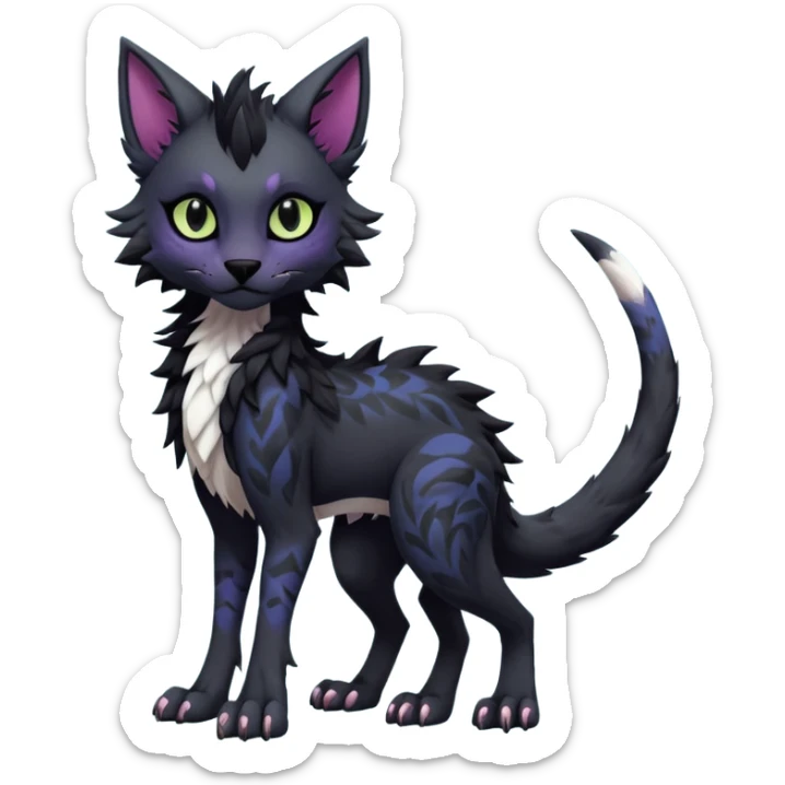 Kawaii dark black blackish edgy fantasy ethereal feline-vernid-sergal-monster-fursona animal creature full body with intricate markings  sticker