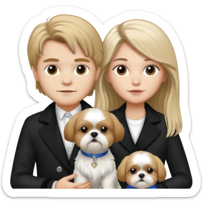 A couple boy with nice hair  and beautiful girl with long dark blond hair and with two shih tzu dogs with  black and white coat sticker