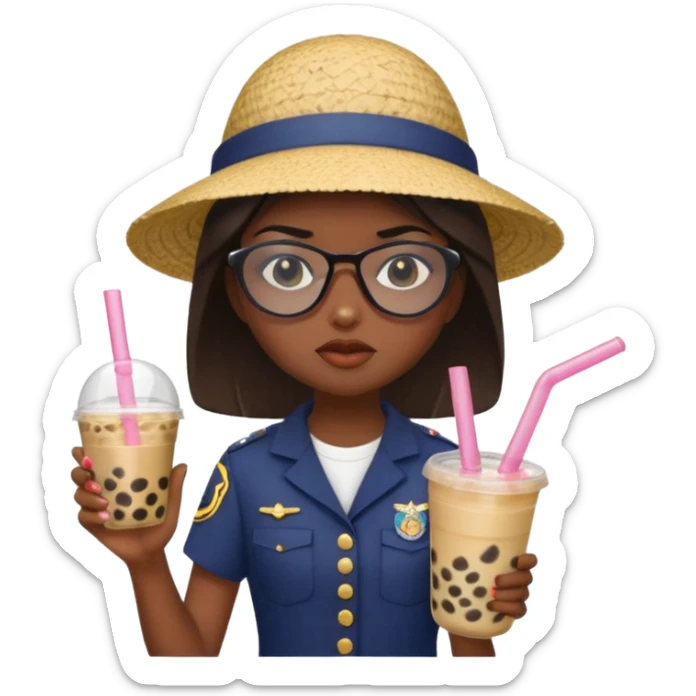 A Angry Teen Female with Dark skin and Bald, oval face, wearing a Uniform outfit, a Sunhat, Sunglasses, carrying a Enchanted staff, working as a teacher, while drinking Bubble tea and reading a Comic.
 sticker