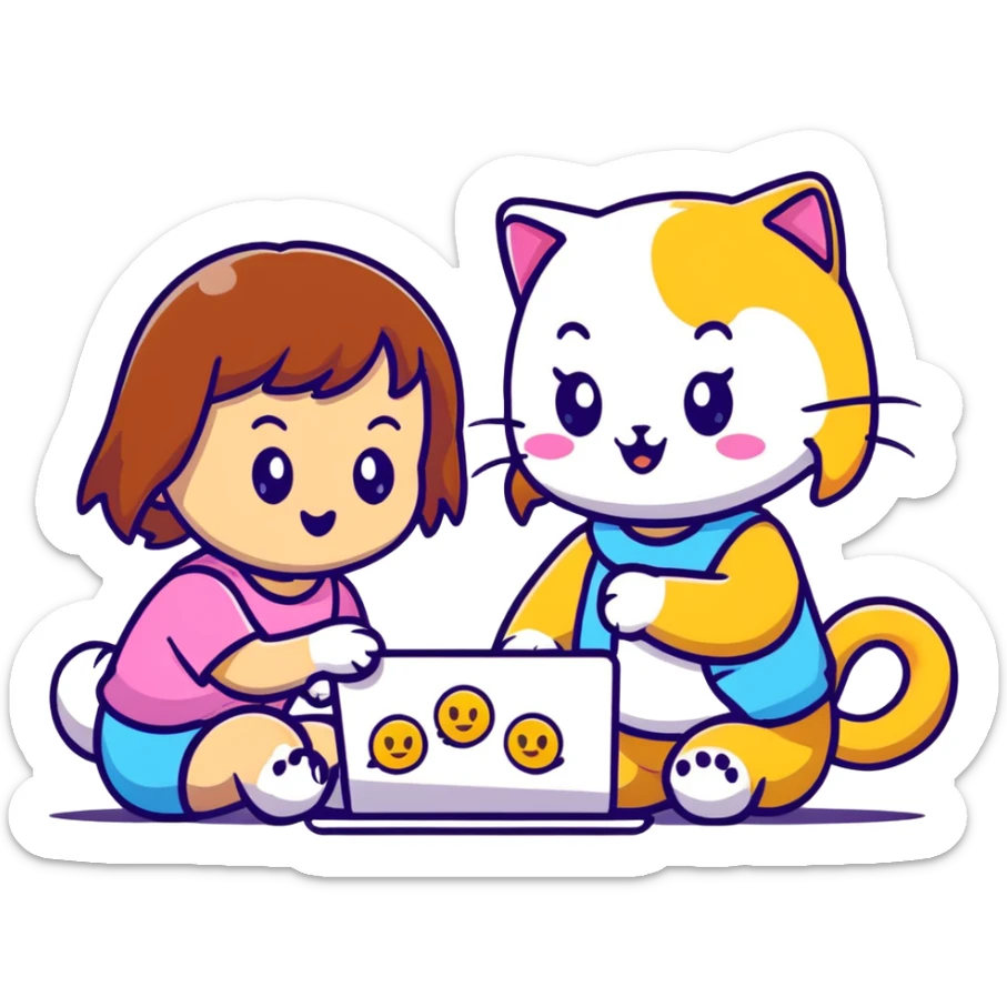 two girls watching a cute kitty drawing an emoji, playful cartoon style sticker
