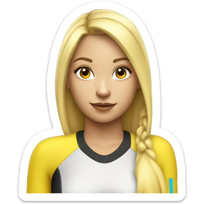A hot and beautiful cartoon girl with blonde hair with straight bangs tied up with a pretty ponytail wearing a yellow long sleeved sleeves wetsuit sticker