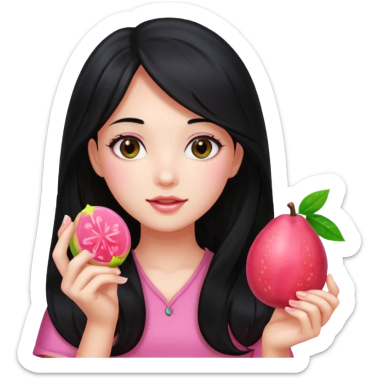 A girl with long black hair holding a piece of guava hard candy sticker