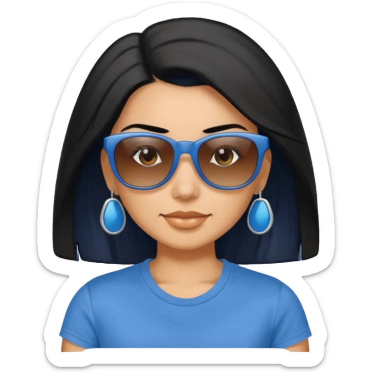 My Sexy wife with sunglasses, black hair, and awesomeness. She has some gray, she's super cute, and her sunglasses are on her head like she doesn't want to wear them. She has brown eyes and is just lovely. Her hair is down her back amd she is wearing a blur t-shirt that says "whiskey & sunshine". sticker