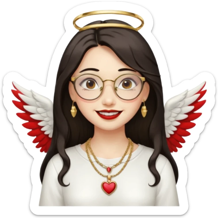 Angel girl with eyeglasses and Middle parted hair long dark hair with red lipstick  and push gold necklaces and dark eyes with withe wings and smile with withe teeth sticker
