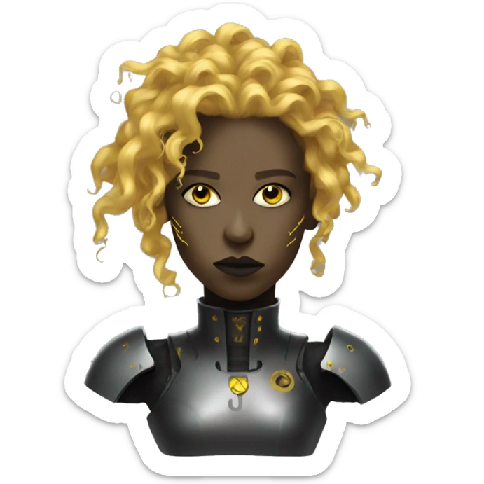 black metal female cyborg head with yellow gold curly hair sticker