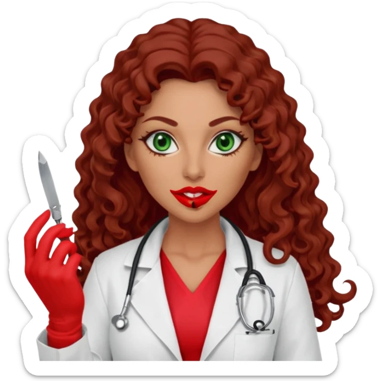 Lilith symbol sexy evil woman. She has green eyes.  had brown long curly hair.  evil surgeon kills with scalpel wears red sexy doctor coat with red mouth cover red gloves. Covers nose, neck  and mouth with Muslim red berka sticker