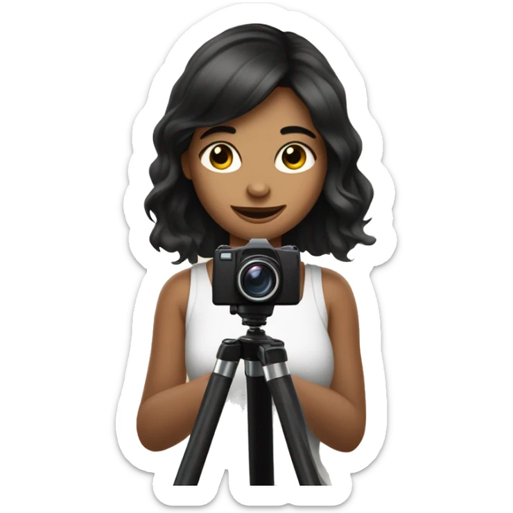 cute girl with dark hair takes a photo with her phone from a tripod sticker