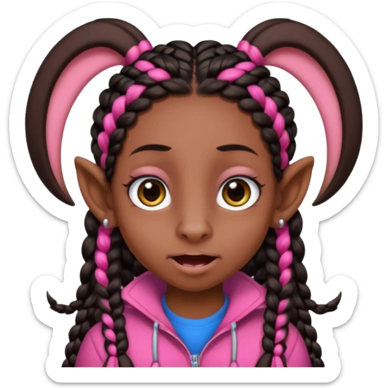arikan, dark long hair whit pink and black braids. brown skin, smal face and a super big nose and super big ears. big eyes. big mouth sticker